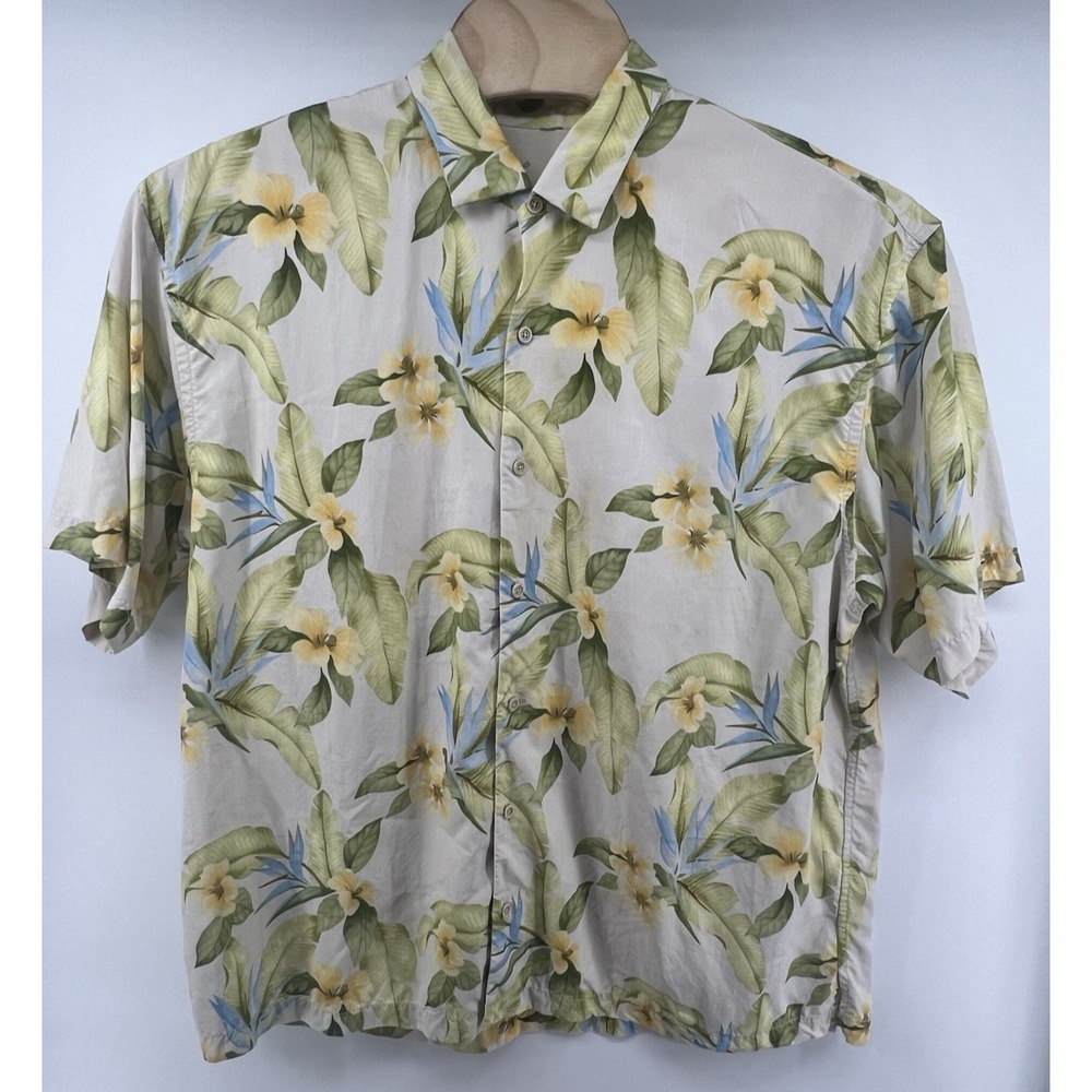 Tommy Bahama Floral Hawaiian Shirt XXL Yellow Green Beige Silk Short Sleeved